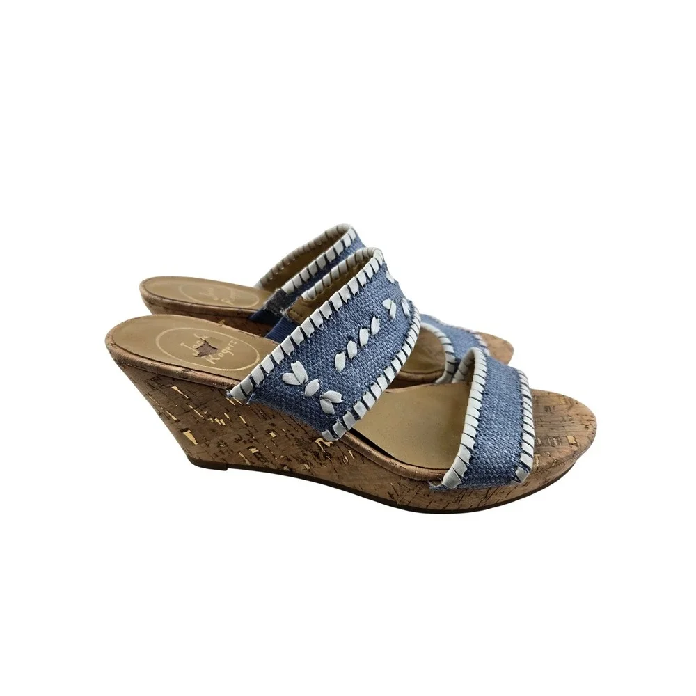 Jack Rogers Blue‎ Denim Whipstitch Cork Wedge Sandals Womens 7 M Floral Slides
